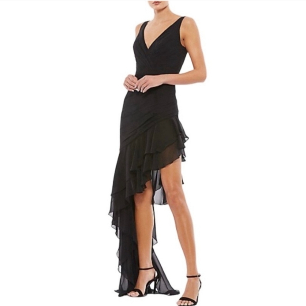 NEW Mac Duggal 49487 Black V-Neck Asymmetric Dress - Sz 4